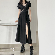 Black sexy hanging skirt female 2021 summer irregular strap side slit slim long A- line skirt