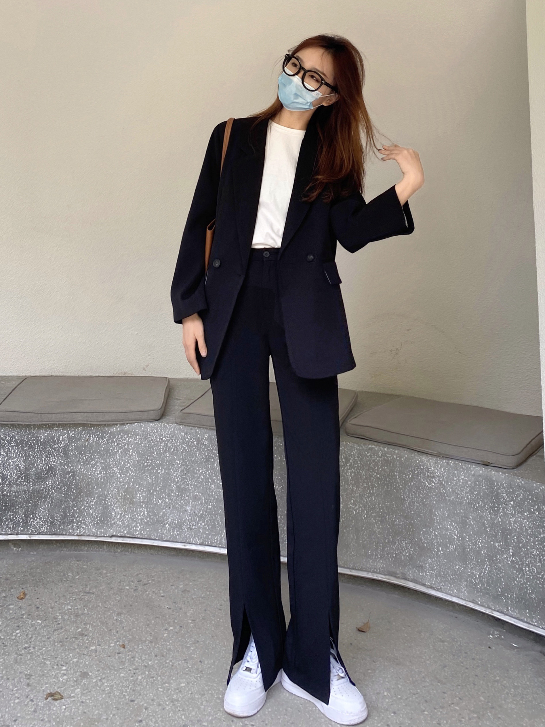 HUILIULIU 黑色西装直筒开叉阔腿裤女春夏高腰垂感显瘦休闲拖地裤详情20