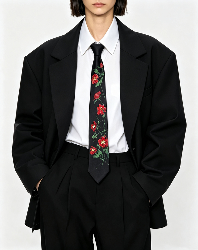 Breadsir Hand-Painted Red Camellia Tie for Men and Women Casual Accessories Tie