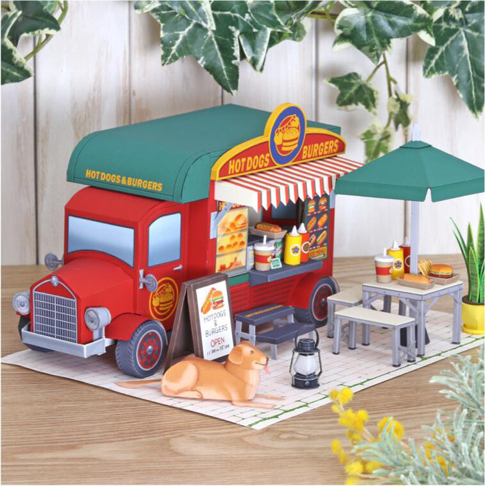 3D Paper Model Solid Diy Hand Folding Paper Puzzle Toy Street Hot Dog Snack Car Coffee Shop Scene Building