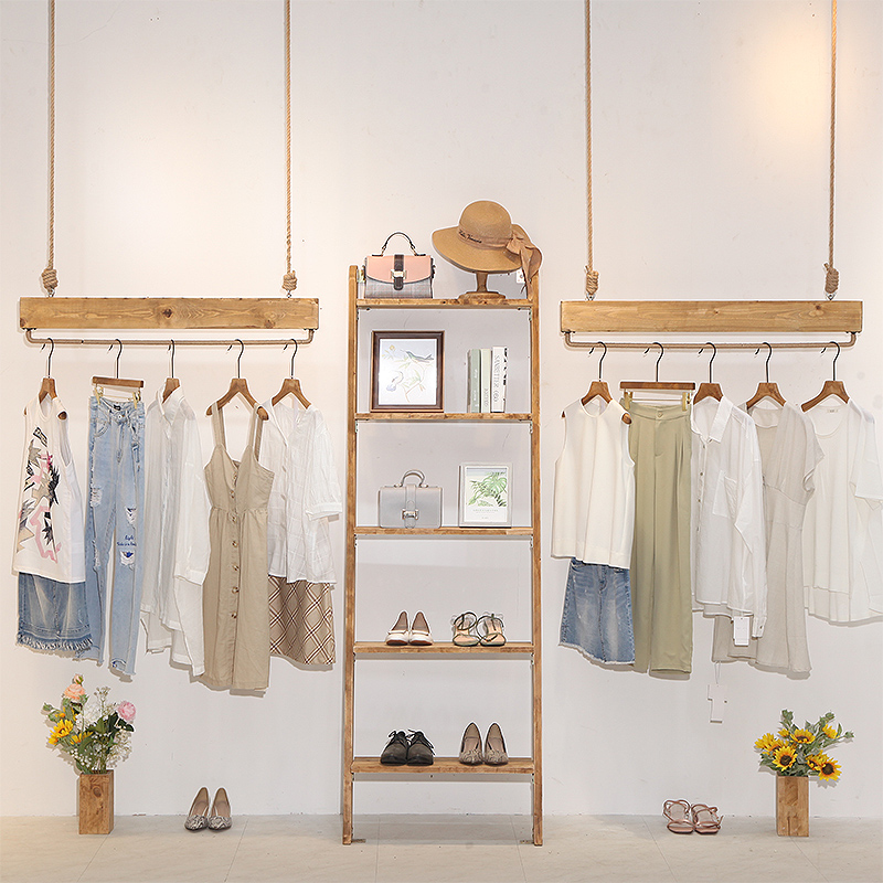 Hemp Clothing Store Display Rack Hanging Clothes Hanging Rings Wrought Iron Ceiling Racks On The Wall Hanger Retractable Shelf