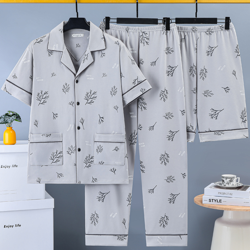 Three-Piece Set of Pure Cotton Pajamas for Men, Summer Short-Sleeved Trousers, Thin Shorts, Simple Casual Large Size Home Wear Set