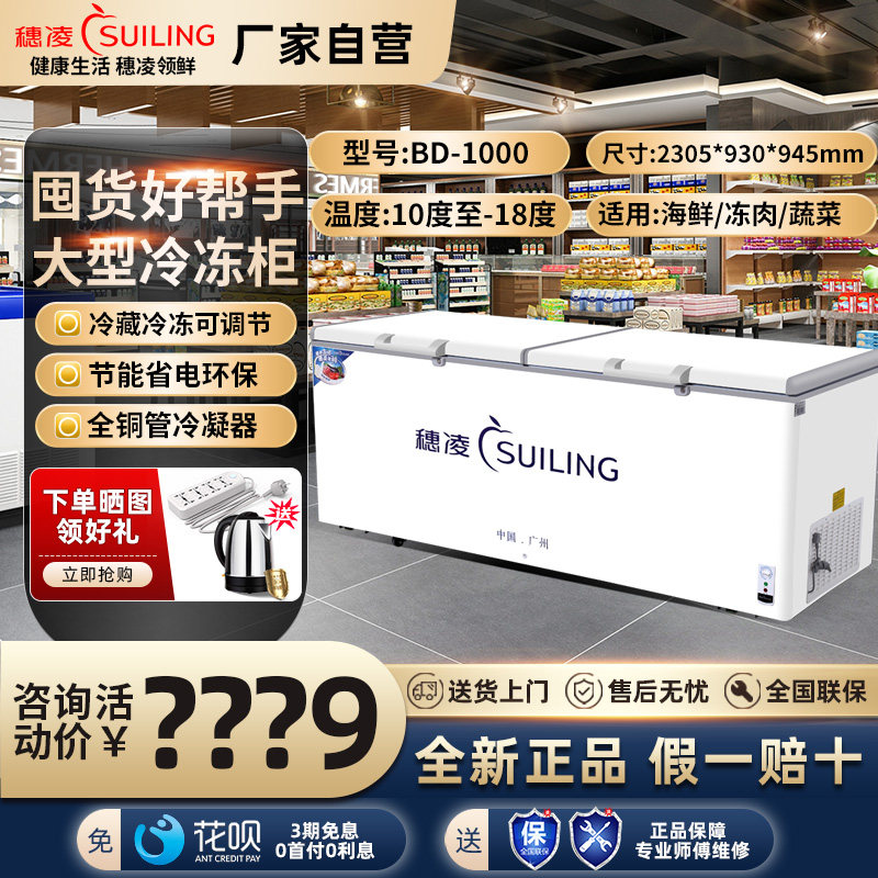 Suiling large horizontal commercial freezer freezer top-open refrigerated fresh-keeping tea refrigerator single temperature freezer BD-1000