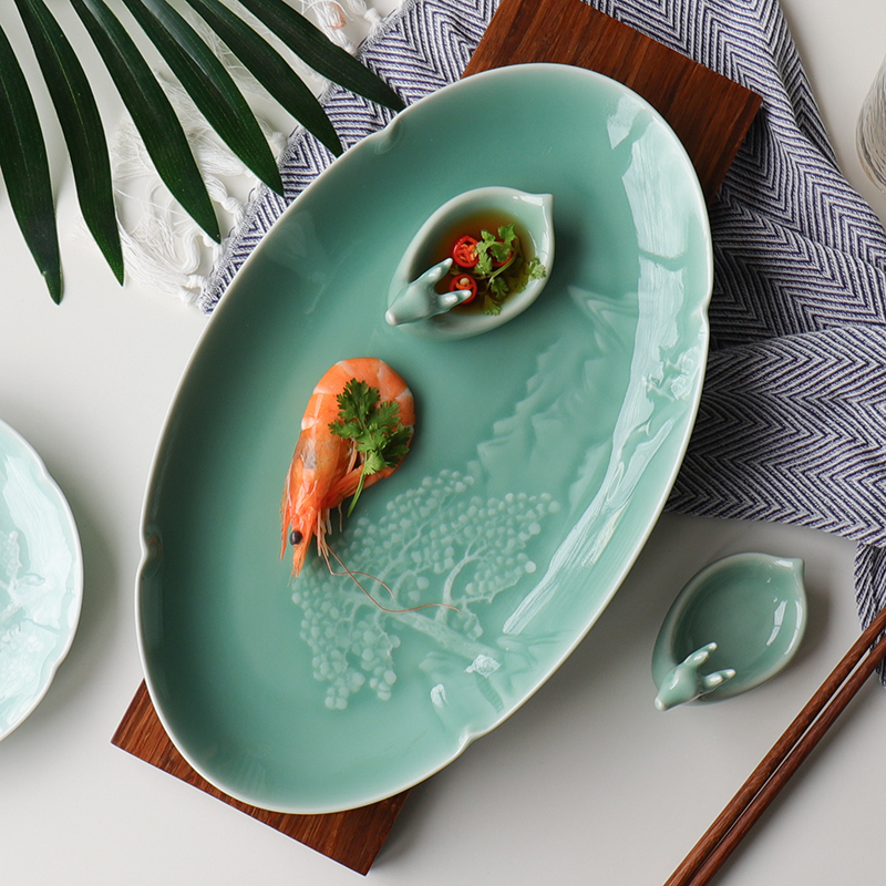 Steamed Fish Dishes Ceramic Green China Green Glazed Cutlery Chinese Style Chinese Wind Oval Dishes Home Creative
