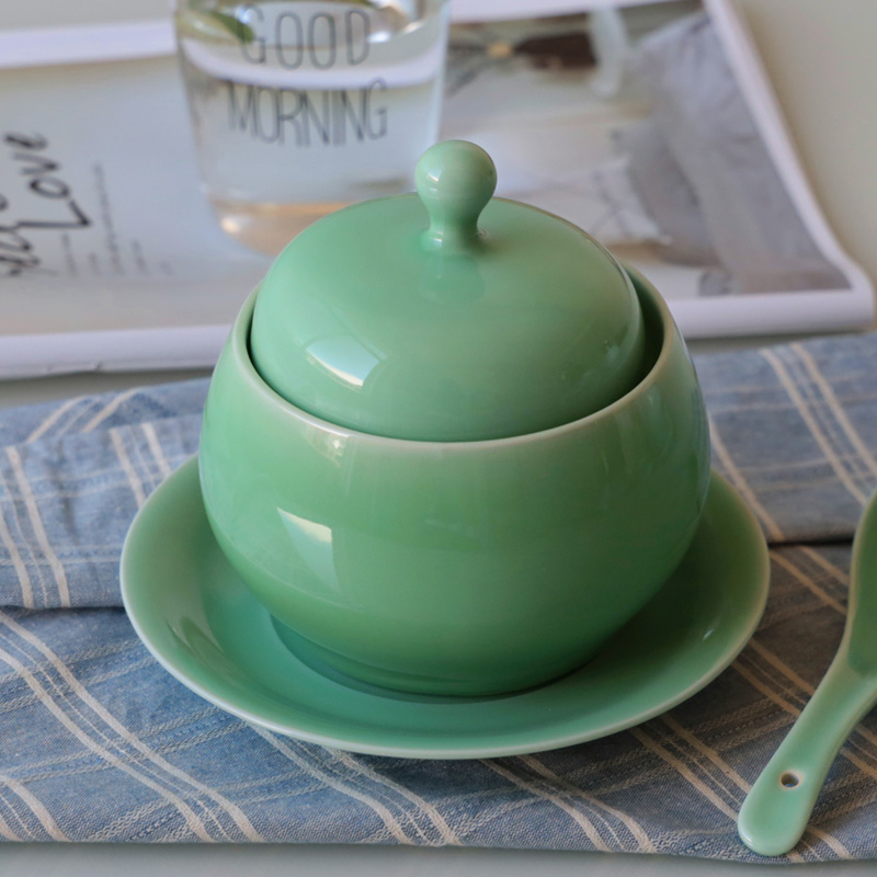 Longquan celadon stewed bird's nest small stewed cup ceramic watertight Chinese home stewed cup soup pot restaurant hotel with cover pot