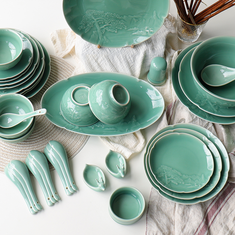 Ceramic tableware set bowl plate combination home Chinese style longquan celadon Chinese style creative personality high-grade gifts