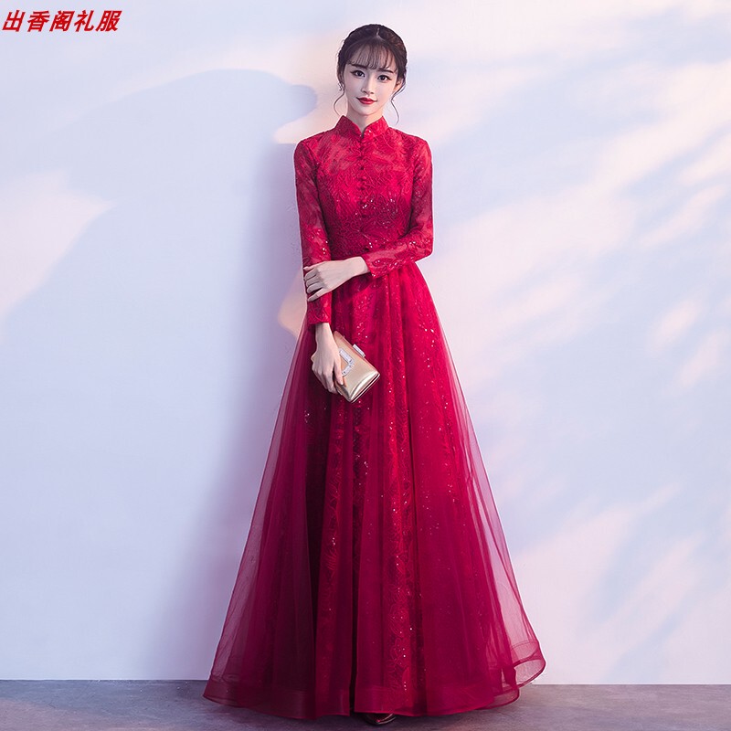2026 New Autumn and Winter Bridal Wedding Engagement Red Elegant Evening Dress Long Skirt Long Sleeve Thickened Chinese Style
