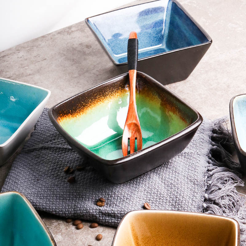 Creative Japanese ceramic bowl Household square rice bowl Salad bowl Ice crack snack bowl Dessert bowl Soup noodle bowl