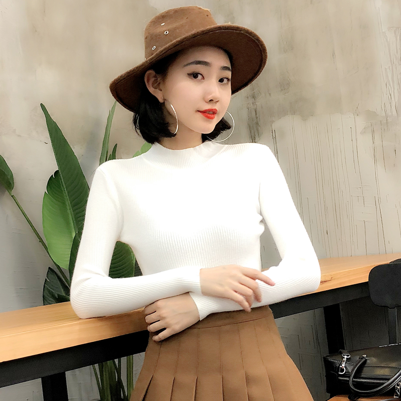 半高圆领套头毛衣2017秋冬新款女装韩版纯色修身针织衫长袖打底衫