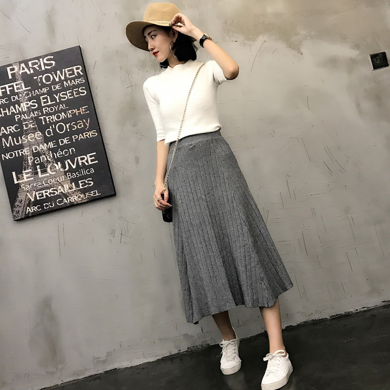 竖条针织百褶裙中长款半身裙2017新款韩版高腰显瘦气质淑女a字裙