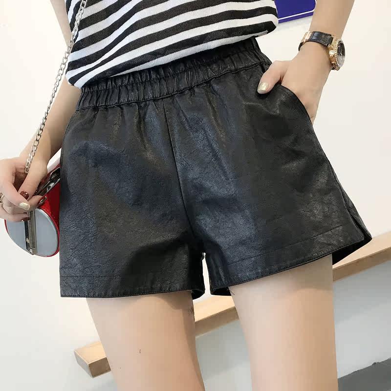松紧腰PU高腰短裤女2017新款女装秋季宽松直筒阔腿超显瘦皮短裤