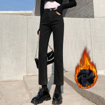 Winter black velvet jeans womens 2021 new high waist thin thickened small straight pants to wear outside