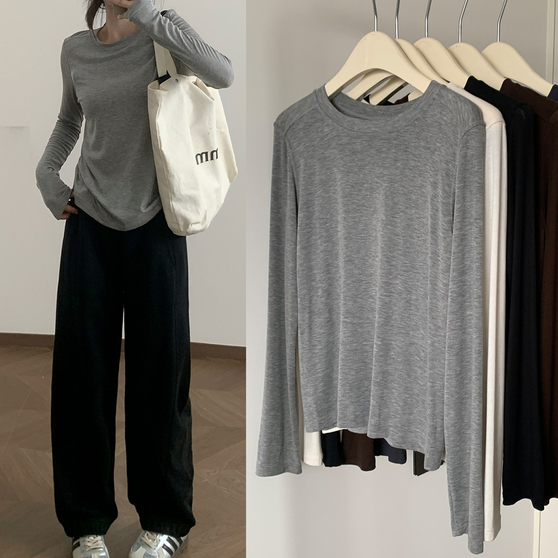 [Tencel Wool Base Layer Shirt] Gray Long-Sleeve T-Shirt for Women, Early Autumn Chic Design, Niche Inner Layer Top