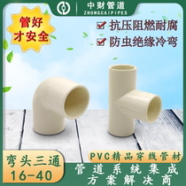 Zhongcai PVC insulated flame retardant electrical threading pipe fittings 16 20 25 32 40 90 degree right angle elbow tee