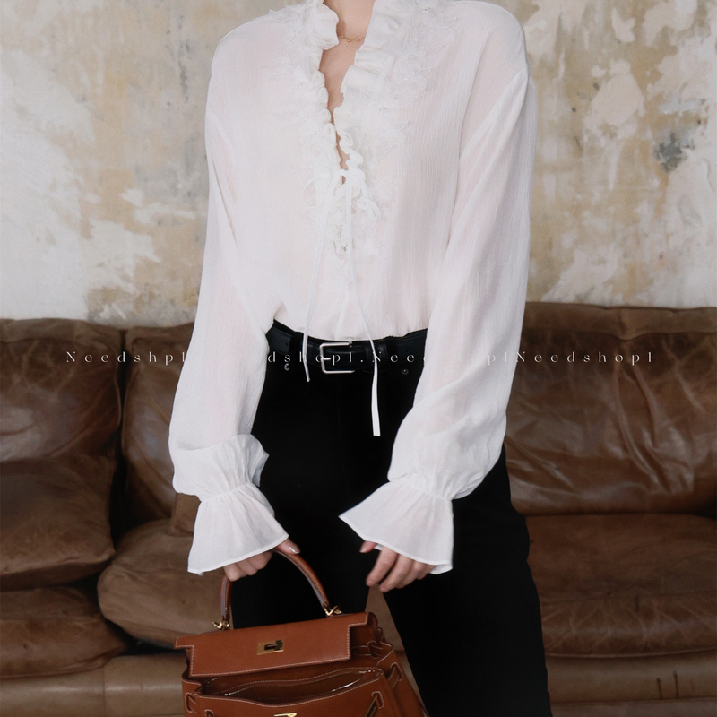 Needshop1 White Simple Semi-Sheer French-Style Beautiful Lace Trim Design Shirt