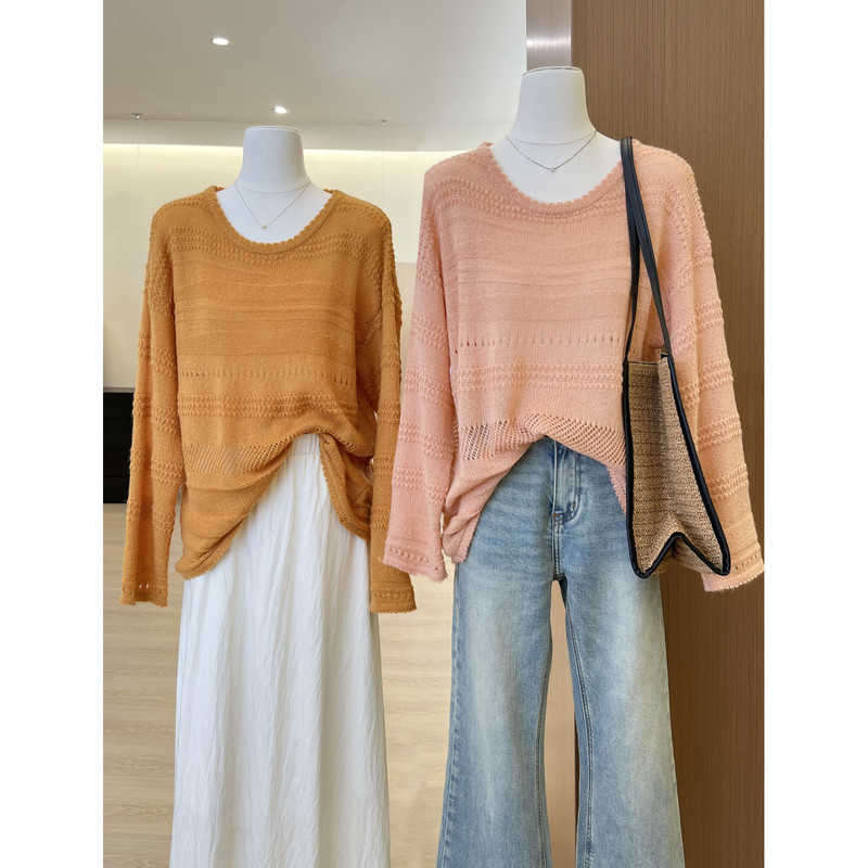 Orange-Pink Round-Neck Hollow-Out Long-Sleeve Knit Sweater for Women, Early Autumn Korean Style, Lazy and Relaxed, Loose-Fitting, Slimming Outerwear Sweater