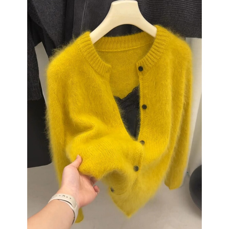 Lazy Style Yellow Round-Neck Knitted Cardigan, Autumn and Winter Korean Style, Gentle Vibe, Loose and Soft Retro Sweater Coat