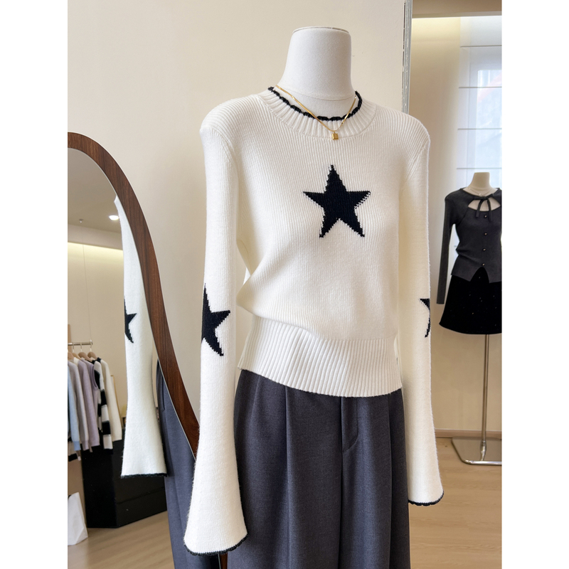 Korean Style Niche Unique White Star Jacquard Sweater for Women, Autumn and Winter, Lazy Short Style, Inner Layer Knit Top Korean Style Niche Unique White Star Jacquard Sweater for Women, Autumn and Winter, Lazy Short Style, Inner Layer Knit Top