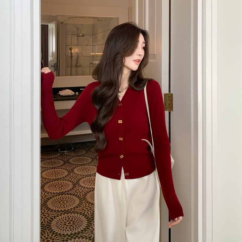Ning'Er Lynn Wool Sweater for Women, Summer Slim-Fit Base Layer, Long-Sleeve Knit Cardigan, Red V-Neck Top