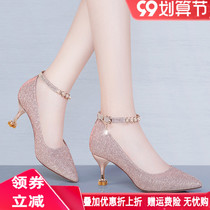 High heels with cheongsam skirts women with champagne spring and autumn temperament one-button shoes all-match wedding shoes leather shoes