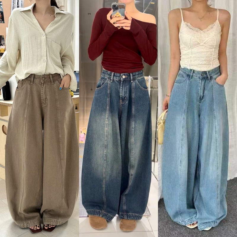 Palace3982 Vintage Balloon Jeans for Women, Washed High-Waisted Loose Fit, Suitable for Pear-Shaped Body Type