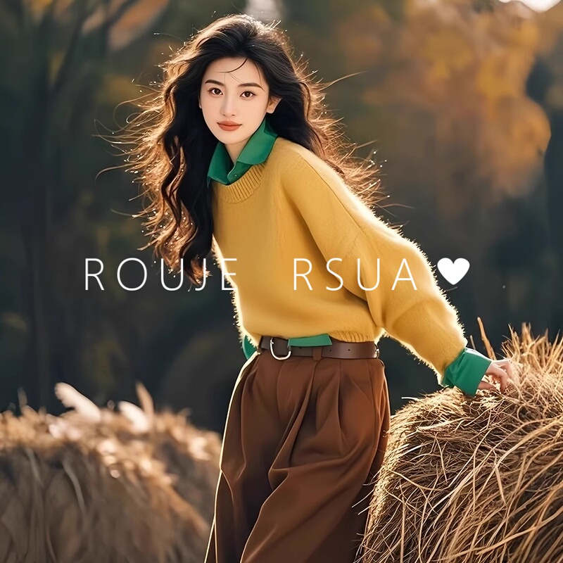 Rouje Rsua French-Style Autumn and Winter Soft Ginger Yellow Sweater for Women Dopamine Caramel Loose Fit Long-Sleeve Top