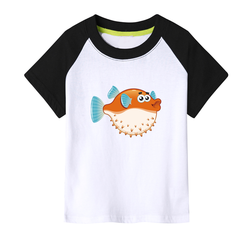 Pufferfish Animal Pure Cotton Round Neck Short-Sleeve T-Shirt for Children, Boys and Girls, Family Matching Outfits, Baby Clothes, Fashionable T-Shirt