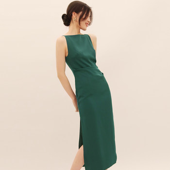 TANSSHOP elegant Hepburn style three-color sling and one-line neck pleated waist split straight slim dress