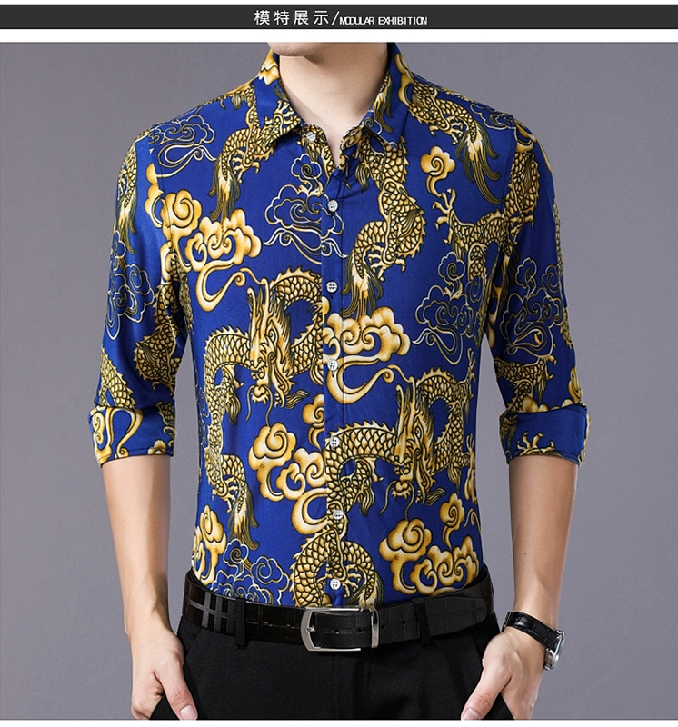 Nine Five Wolf Men Áo dài tay hoa Trung niên Xu hướng in lụa Áo sơ mi lụa cỡ lớn