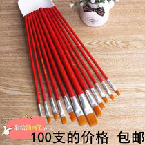 Red Wooden Pole Nylon Fur Flat Head Industrial Oil Painting Platoon Pen water Pink Pen Brush Children Propylene Fine Dot Color