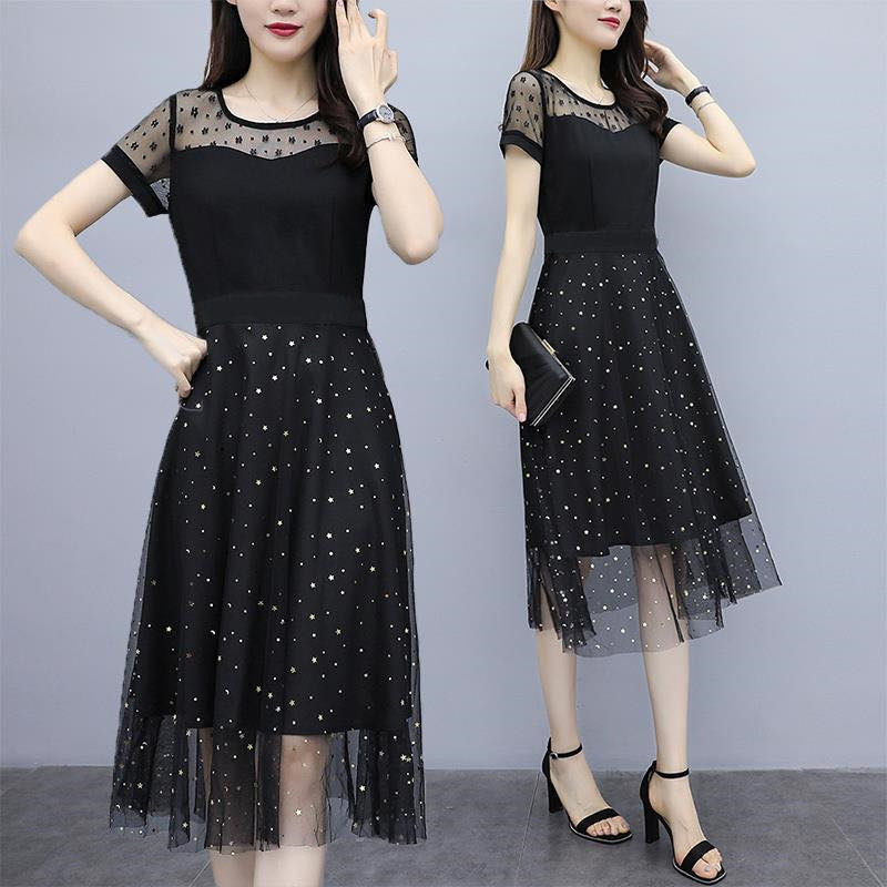 Mesh stitching Dress Medium Length summer new large women's dress fat waist cover belly show thin skirt