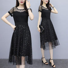 Mesh stitching Dress Medium Length summer new large women's dress fat waist cover belly show thin skirt