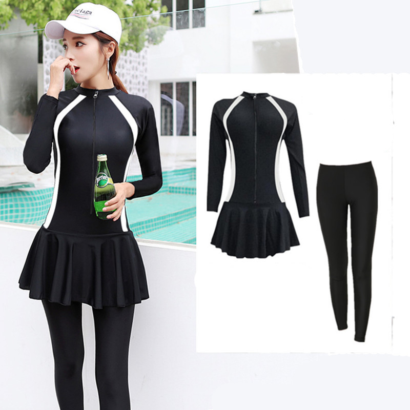 Full body sunscreen swimsuit female summer conservative dress long sleeves long pants appear thin cover belly hot spring sports student diving