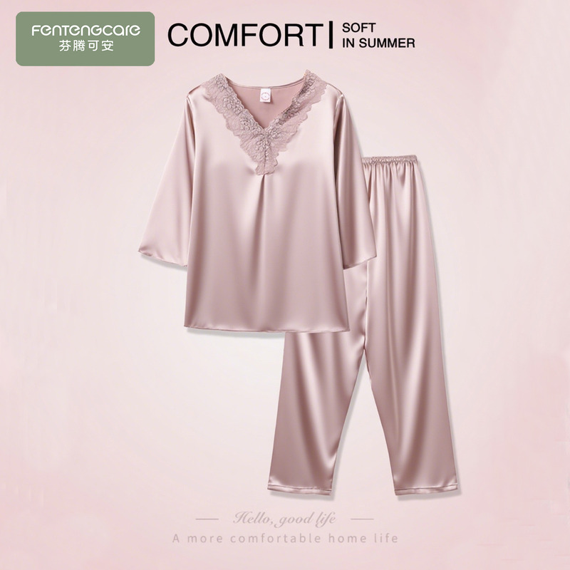 Women's Pajamas 2026 New Summer Ice Silk Three-Quarter Sleeve Long Pants Middle-Aged and Elderly Mothers Plus Size Loungewear Summer Women's Pajamas 2026 New Summer Ice Silk Three-Quarter Sleeve Long Pants Middle-Aged and Elderly Mothers Plus Size Loungewear Summer