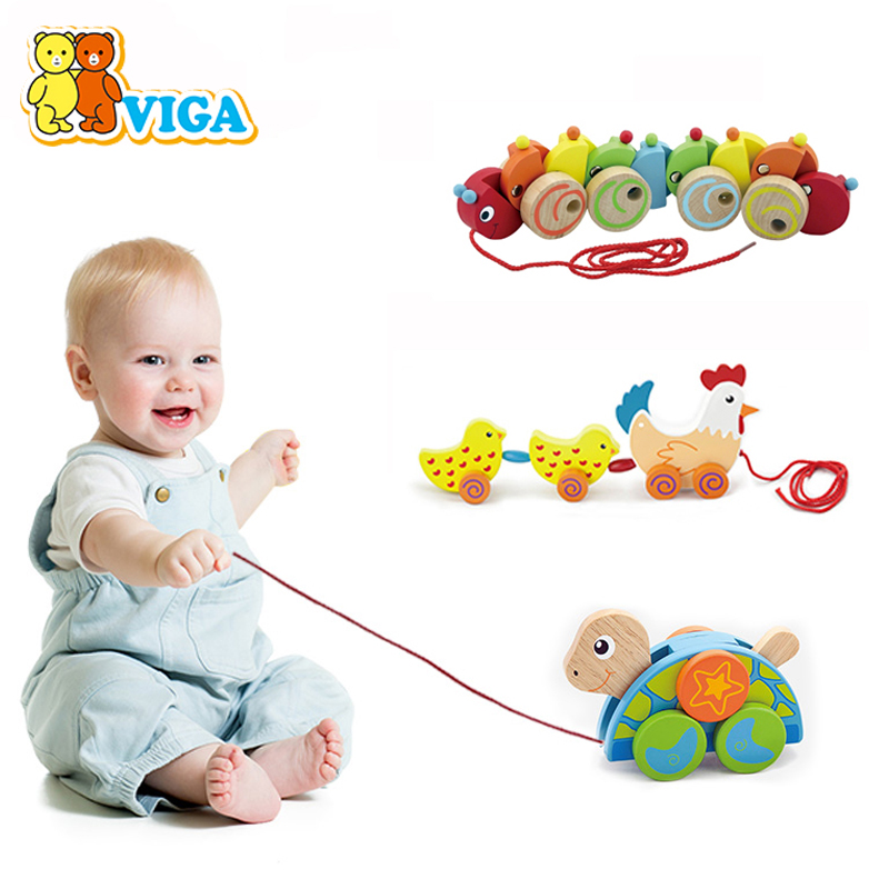 VIGA Meritocracy Drag Animal Fur Caterpillar Children Pull Away Toy Cart Baby Learn Step Puzzle Pull Cord Mother-son Chicken