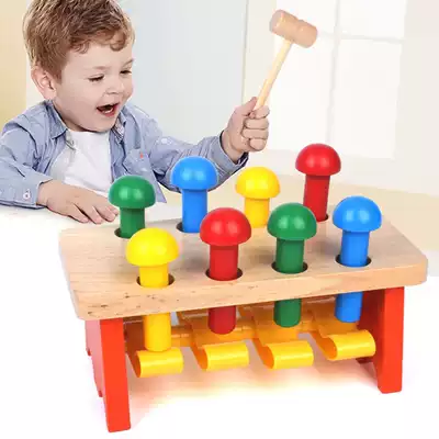 Children's Wooden Mushroom Knock Table Toddler Hammer Hit Hit Game Baby Action Coordination Toy