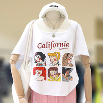 zaw big code cartoon printed short sleeve T-shirt female summer 2022 new fat mm positive shoulder large neckline short jacket