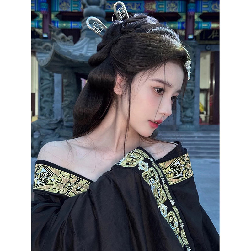Black Yuji Warring States Robe Hanfu for Women 2026 New Style Fairy-Like Flowing Adult Ancient Costume Cross-Collar Straight Skirt with Large Sleeves