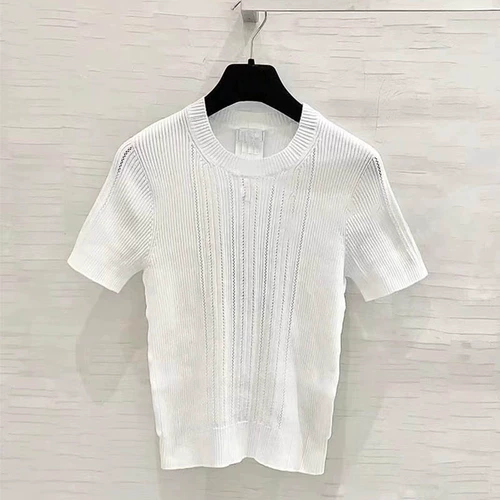 Трикотажный свитер для отдыха, приталенная футболка, в стиле Шанель, круглый воротник, городской стиль, французский стиль, короткий рукав