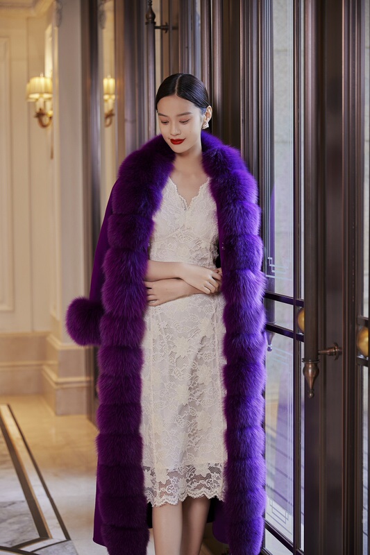 2025 New High-End Purple Double-Sided Wool Coat Winter Luxury Oversized Fox Fur Collar Fur Coat for Women