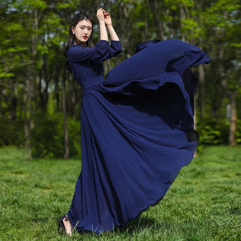 Navy Blue Dress for Women 2023 Summer Early Spring Vacation Beach Waist-Cinching Slimming Flared Skirt Long Ankle-Length Dress