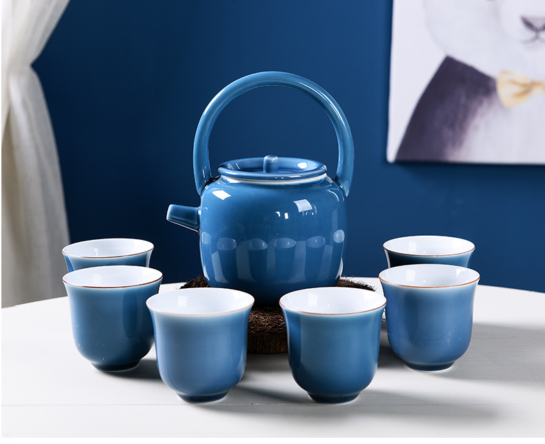 Japanese girder pot of large - sized ceramic kung fu tea set domestic large - capacity cold cold water teapot teacup ji blue