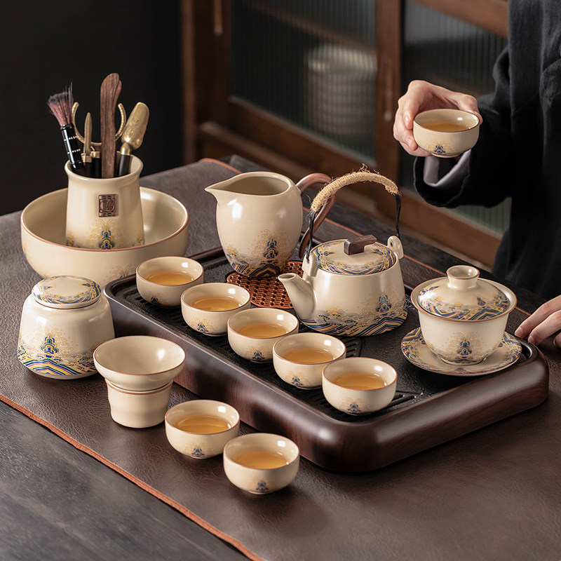 Бежевый чайный сервиз Ru Kiln Kung Fu, керамический чайник для домашних совещаний, чашка, чайный поднос, полный набор офисного чая