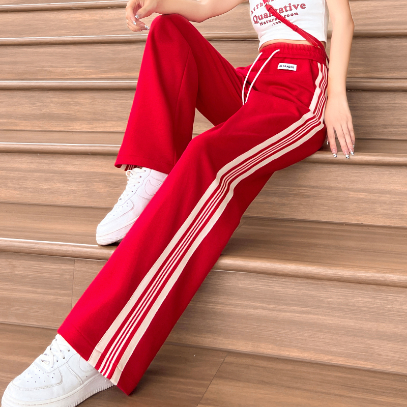 Red Sports Pants for Women, New Spring and Autumn Style, Side Stripe Wide-Leg Pants, Loose Fit, Plus Size, Suitable for Tall Individuals, Straight-Leg Pants for Square Dancing