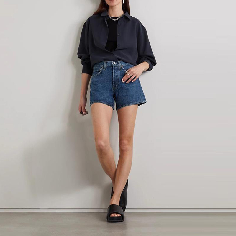2025 New In-Stock Agolde Shorts for Women, Same Style as Wu Qianyu, Dark Blue High-Waisted Slimming Long-Leg Jeans