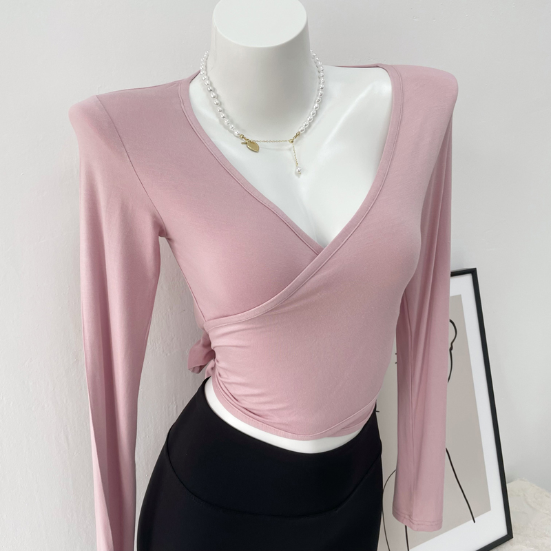 Pure Desire Style V-Neck Short Top Modal Gentle Color Cross-Tie Cardigan Wrap Elastic Long-Sleeve Blouse T-Shirt Pure Desire Style V-Neck Short Top Modal Gentle Color Cross-Tie Cardigan Wrap Elastic Long-Sleeve Blouse T-Shirt