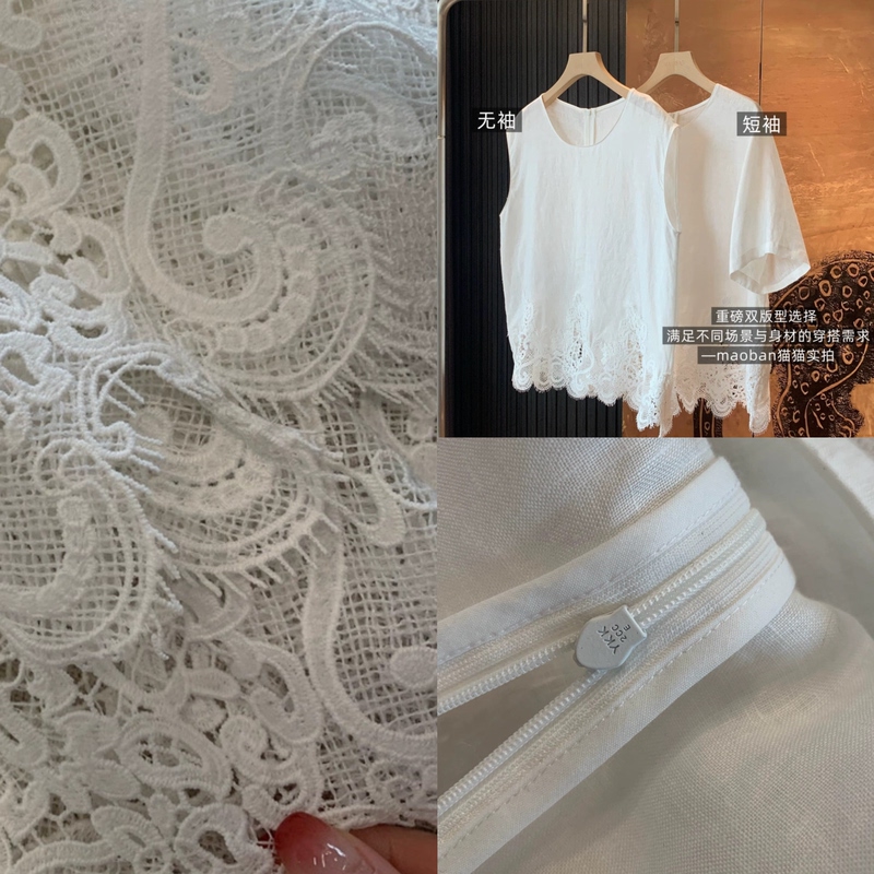 Cat Cat LAOSHU 【Dreamy Eyelash Lace】 so Beautiful! Linen Hollow Embroidered Lace Sleeveless Short-Sleeved Top Cat Cat LAOSHU 【Dreamy Eyelash Lace】 so Beautiful! Linen Hollow Embroidered Lace Sleeveless Short-Sleeved Top