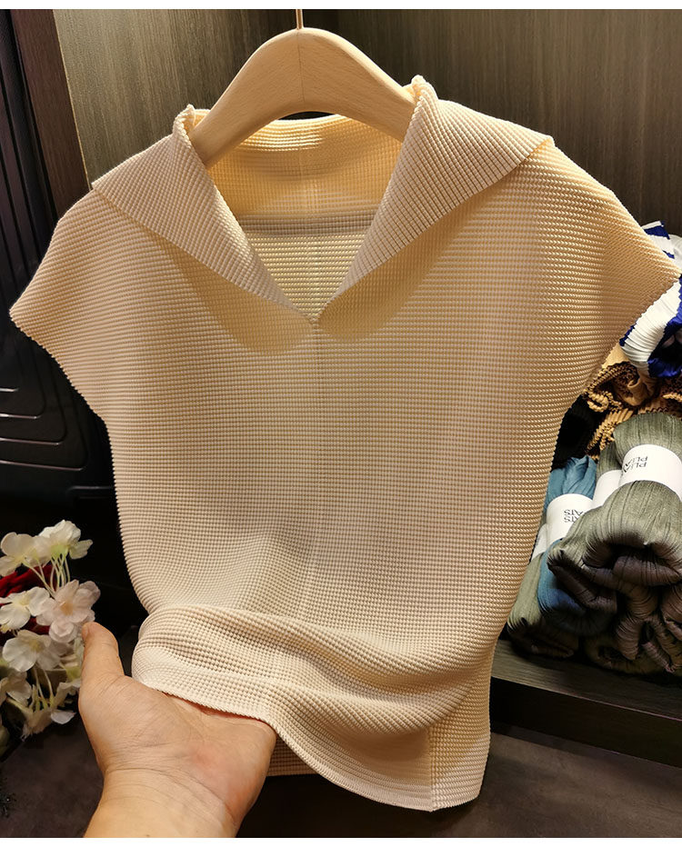 Áo thun cổ chữ V xếp ly dáng ôm thanh lịch nữ — Màu xanh lam nhạt, Màu xanh lục, Màu đen, Màu cam chi tiết 5