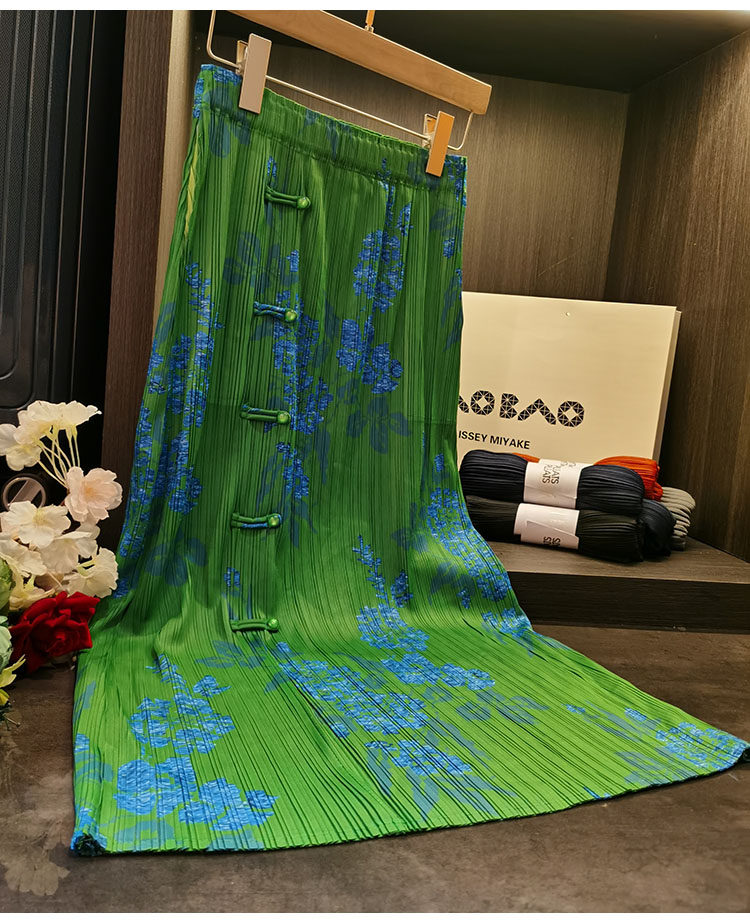 Chân váy xếp ly phong cách Trung Quốc nút cài, xẻ tà ôm hông, in họa tiết mùa hè — Màu Sâm panh, Xanh Cỏ, Màu hồng, Màu xanh lá chi tiết 20