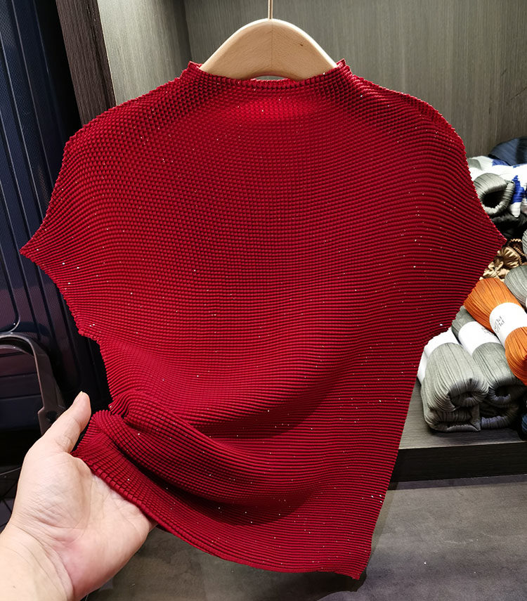 Áo phông nữ cổ đứng nhỏ xếp ly hạt ngô, chất liệu co giãn thoáng khí mùa hè — Xanh lam nhạt, Đỏ rượu, Màu cam, Màu xám khói chi tiết 18